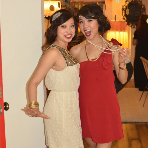 One Shoulder Red Silk Dress w. Decorative Strap - Picture 5 of 5